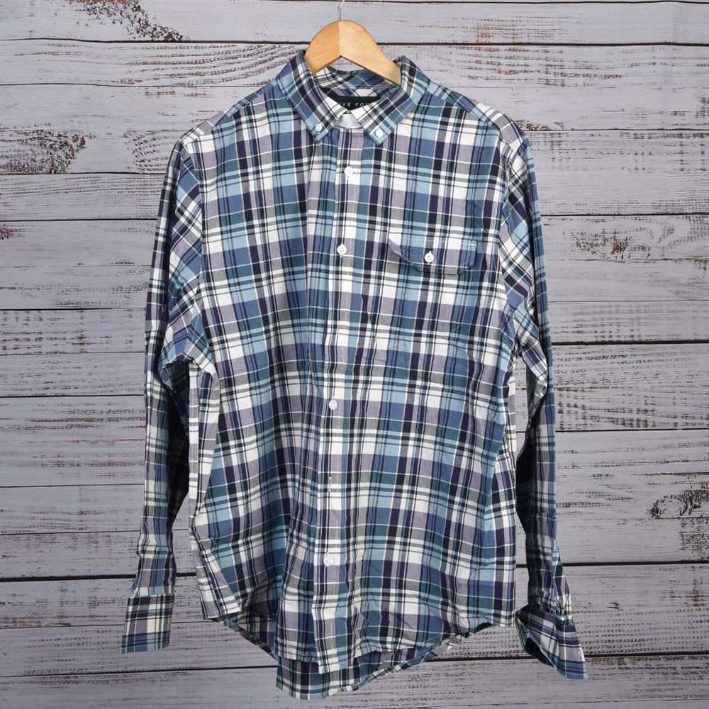 Five Four Men's Button Down Blue Coastal Preppy Plaid Pocket Shirt Size L